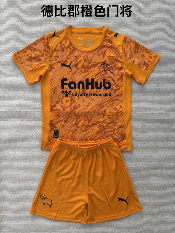 25/26 Derby County Goalkeeper Orange Kids Kits 1:1 Quality Soccer Jersey