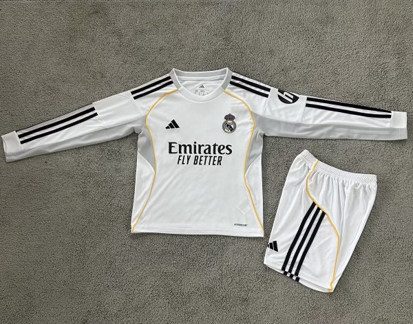 25/26 Real Madrid  Home Long sleeved Kids Kits 1:1 Quality Soccer Jersey