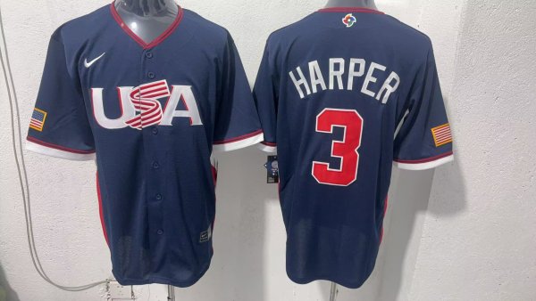 MLB USA Blue #3 HARPER  1:1 Quality Baseball Jerseys World Cup
