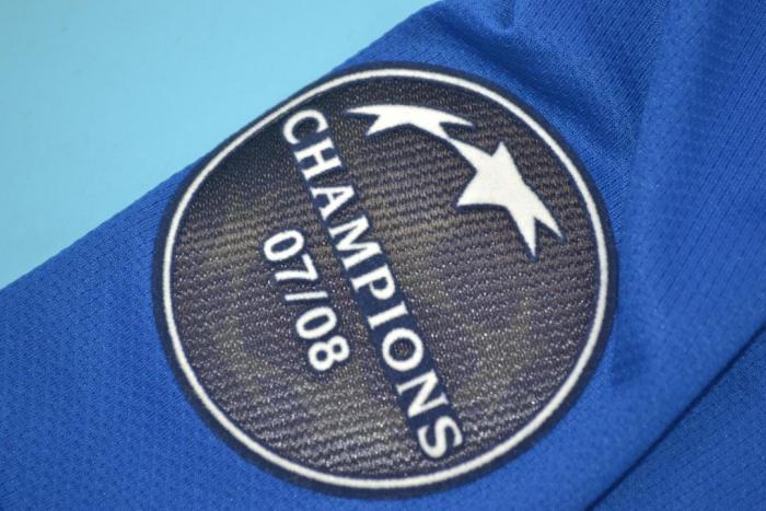 Retro Jersey Long Sleeve 2008-2009 Manchester United #7 RONALDO Away Blue Soccer Jersey with Champions Patches