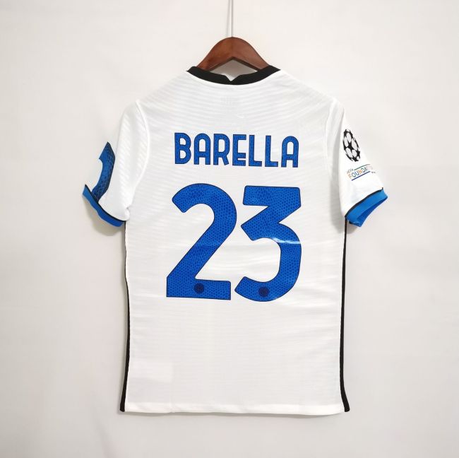 with Scudetto+UCL Patch Retro Jersey 2021-2022 Inter Milan BARELLA 23 Away White Soccer Jersey
