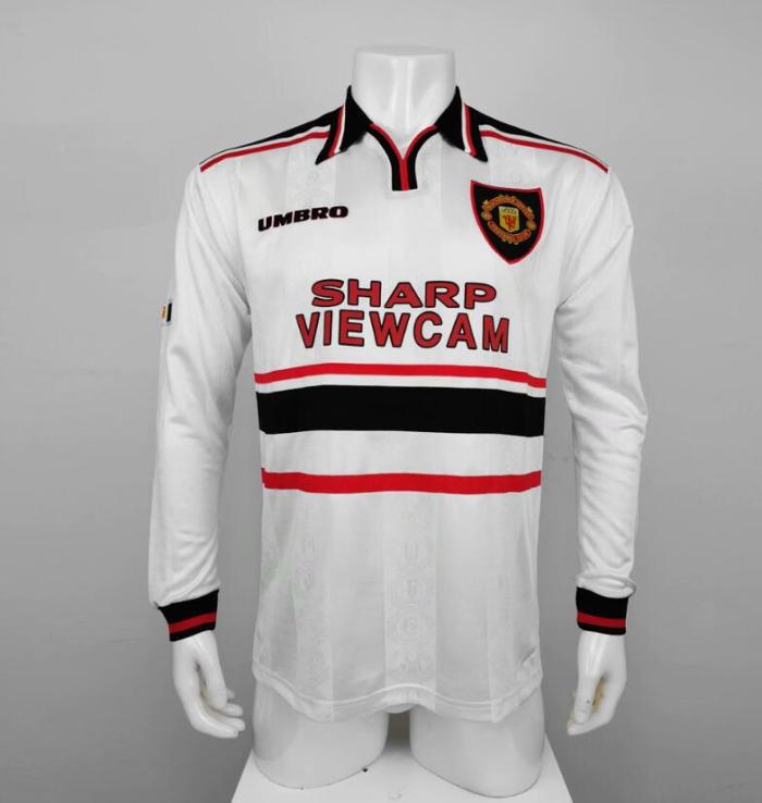 Long Sleeve Retro Jersey 1998-1999 Manchester United Away White Soccer Jersey Vintage Man Uted Football Shirt