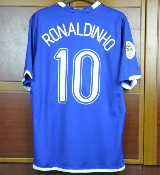 with Euro 2006 Patch Retro Jersey Brazil 2006 RONALDINHO 10 Away Blue Soccer Jersey Vintage Brasil Camisetas de Futbol