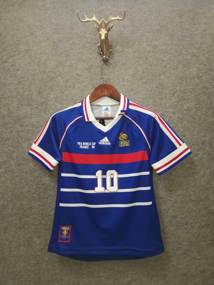 Retro Youth Uniform 1998 France 10 ZIDANE Home Soccer Jersey Shorts