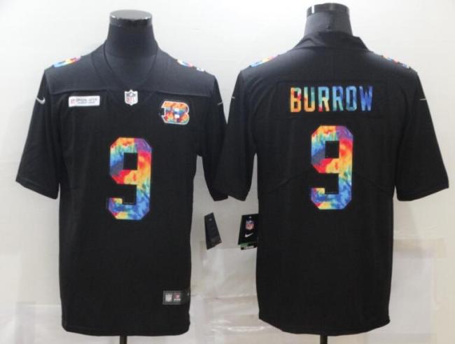 Cincinnati Bengals 9 BURROW Black Vapor Untouchable Rainbow Limited Jersey