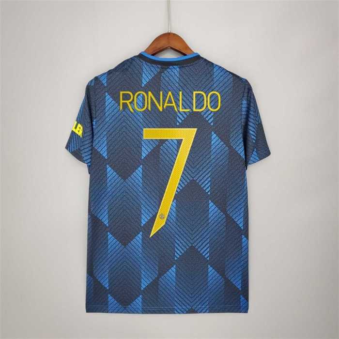 with UCL Lettering Retro Jersey Fans Version 2021-2022 Manchester United RONALDO 7 Third Away Blue Soccer Jersey