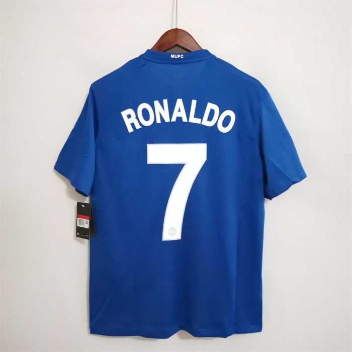 with Golden FIFA+Champions Patch Retro Jersey 2008-2009 Manchester United RONALDO 7 Away Blue Soccer Jersey