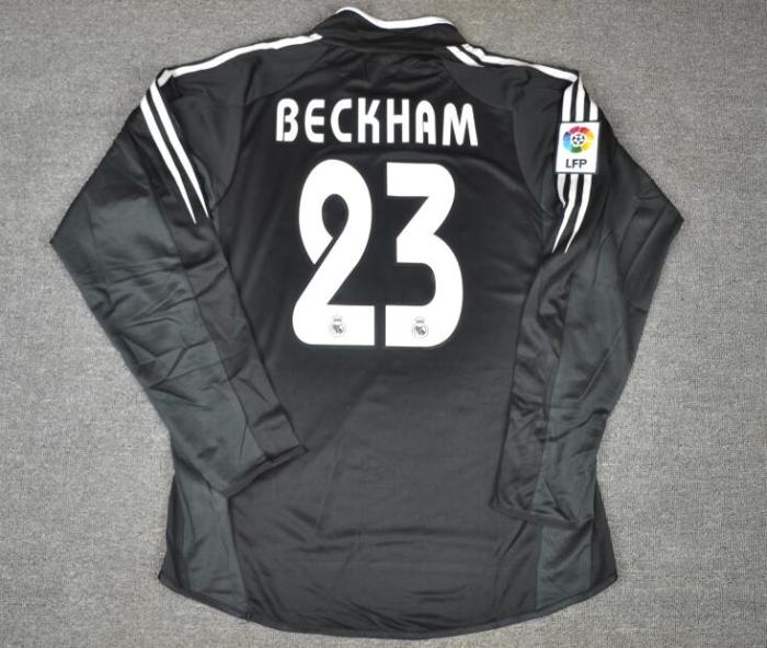 with LFP Patch Long Sleeve Retro Camisetas de Futbol 2004-2005 Real Madrid BECKHAM 23 Vintage Away Black Soccer Jersey