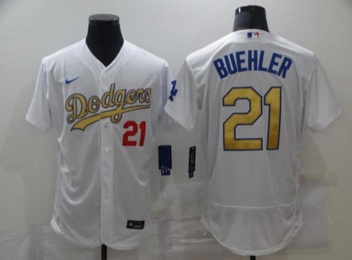 Los Angeles Dodgers 21 BUEHLER White Gold Nike 2020 World Series Champions Flexbase Jersey