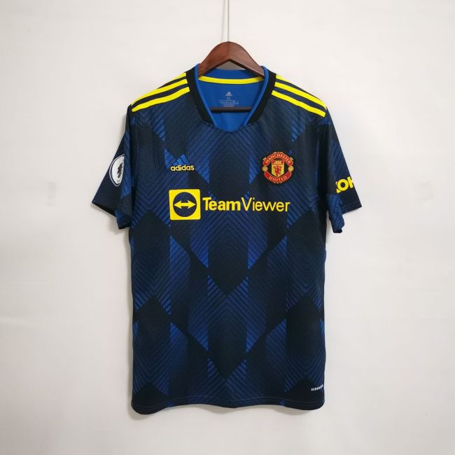 with EPL Patch Retro Jersey Fans Version 2021-2022 Manchester United Third Away Blue Soccer Jersey