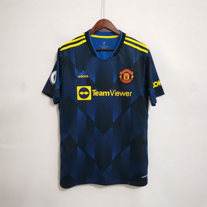 with EPL Patch Retro Jersey Fans Version 2021-2022 Manchester United Third Away Blue Soccer Jersey