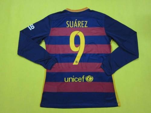 Retro Jersey Long Sleeve Barcelona 2015-2016 SUAREZ 9 Home Soccer Jersey