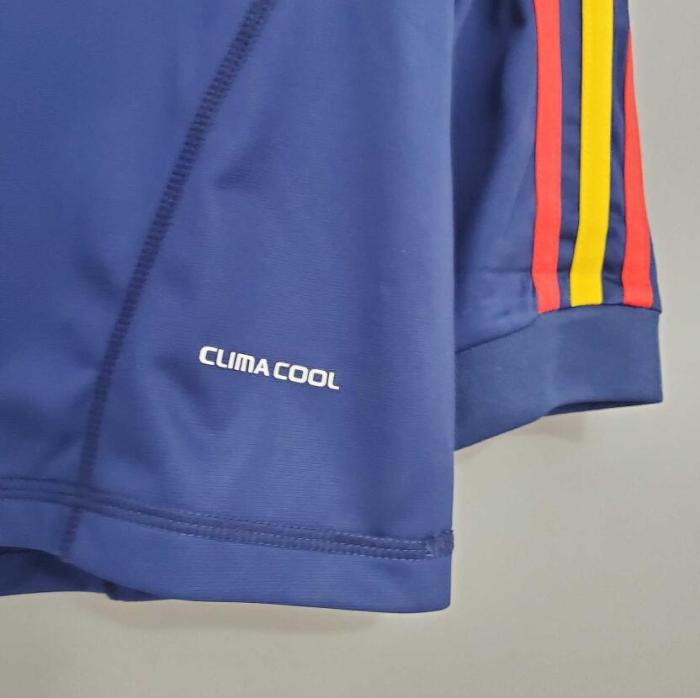 with Front Lettering Long Sleeve Retro Jersey 2010 Spain Away Blue Soccer Jersey