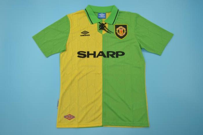 with EPL Patch Retro Jersey 1992-1994 Manchester United Away Yellow/Green Soccer Jersey Vintage Football Shirt