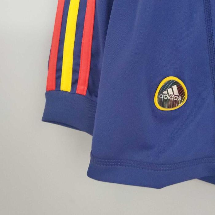 with Front Lettering Long Sleeve Retro Jersey 2010 Spain Away Blue Soccer Jersey