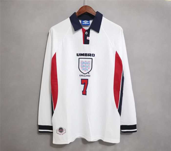 Long Sleeve Retro Jersey 1998 England BECKHAM 7 Home Soccer Jersey