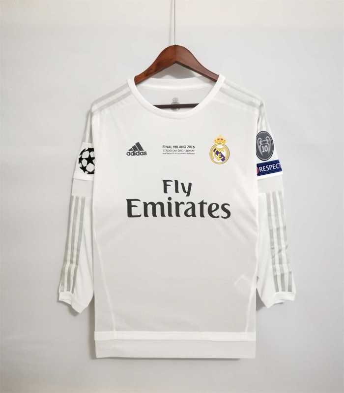 with Front Lettering+UCL Patch Long Sleeve Retro Jersey 2015-2016 Real Madrid RONALDO 7 Home UCL Final Soccer Jersey