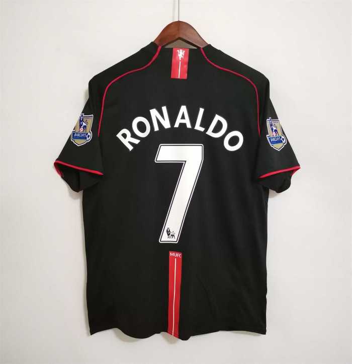 with Golden EPL Patch Retro Jersey 2007-2008 Manchester United RONALDO 7 Away Black Soccer Jersey