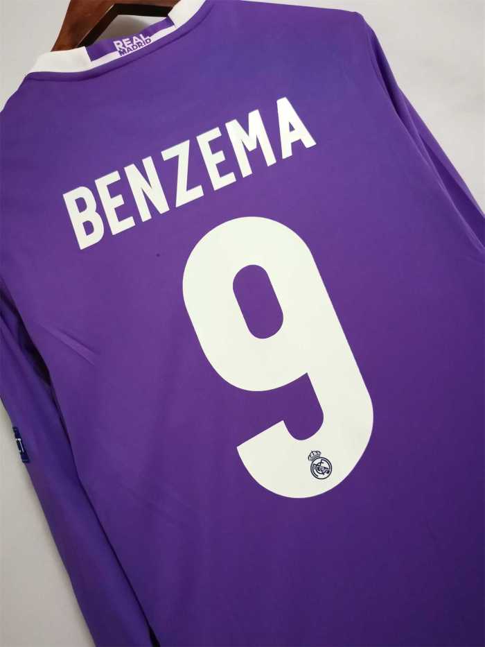with Front Lettering+Front Patch+UCL Patch Long Sleeve Retro Jersey 2016-2017 Real Madrid BENZEMA 9 Away Purple UCL Final Soccer Jersey