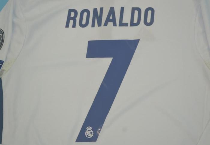 with UCL+Front Patch Long Sleeve Retro Jersey 2016-2017 Real Madrid 7 RONALDO Home Soccer Jersey