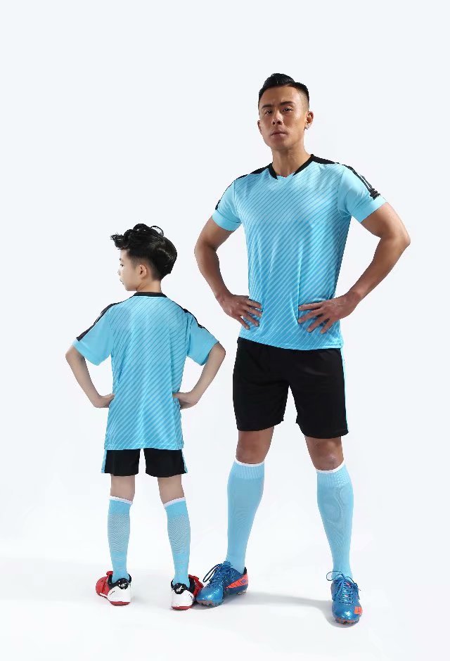 D8810 Light Blue Youth Set Adult Uniform Blank Soccer Training Jersey Shorts