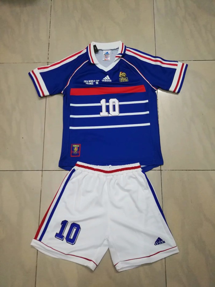 Retro Youth Uniform 1998 France 10 ZIDANE Home Soccer Jersey Shorts