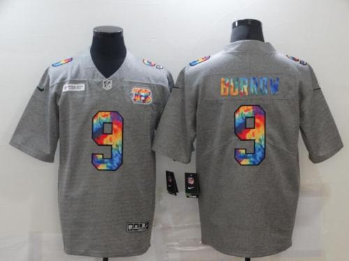 Cincinnati Bengals 9 BURROW Grey Vapor Untouchable Rainbow Limited Jersey