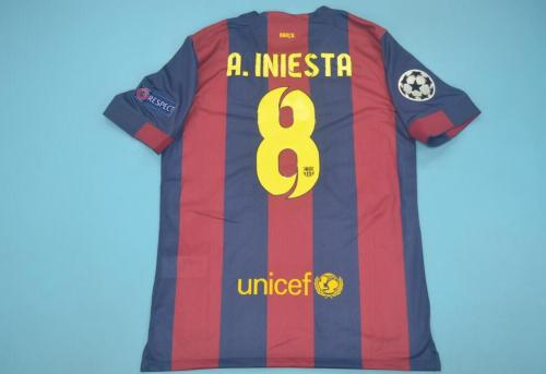 with Front Lettering+UCL Patch Retro Jersey 2014-2015 Barcelona A,INIESTA 8 Home Soccer Jersey