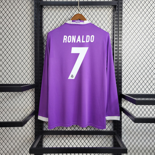 with Golden FIFA Patch+Front Lettering+UCL Patch Retro Jersey Long Sleeve 2016-2017 Real Madrid RONALDO 7 Away Purple Soccer Jersey