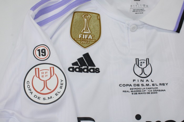 with Front Lettering Patch Fan Version Real Madrid 2023 COPA DE REY FINAL Home Soccer Jersey Real RODRYGO 21 Futbol Shirt