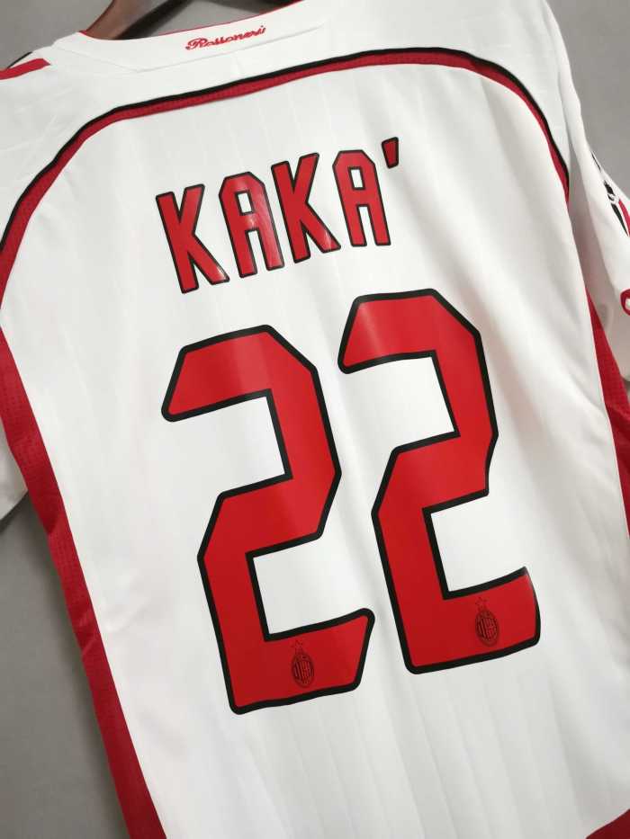 with UCL Patch+Front Lettering Retro Jersey 2006-2007 AC Milan KAKA' 22 Champions League Away White Soccer Jersey