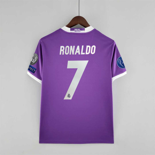 with Golden FIFA Patch+Front Lettering+UCL Patch Retro Jersey 2016-2017 Real Madrid RONALDO 7 Away Purple Soccer Jersey