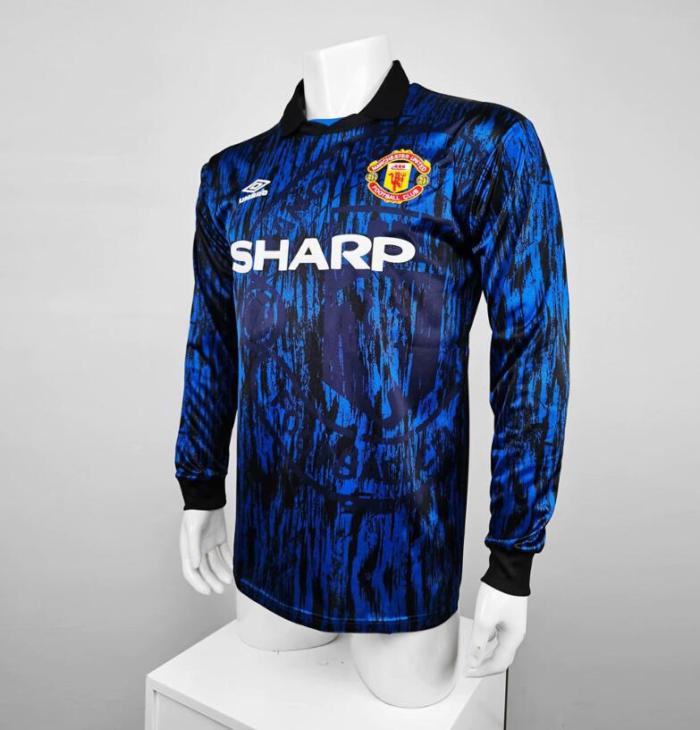 Retro Jersey Long Sleeve 1992-1993 Manchester United Away Blue Soccer Jersey