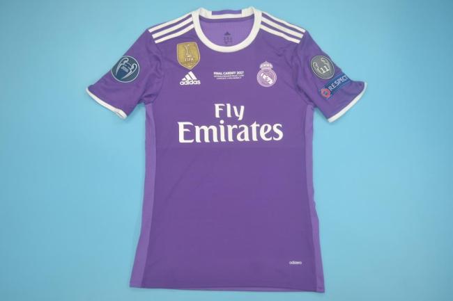 with Front Lettering+UCL+Golden FIFA Patch Retro Jersey Player Version Real Madrid 2016-2017 Away Purple Soccer Jersey