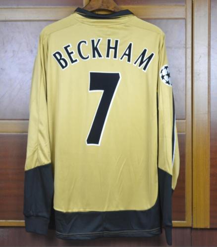Retro Jersey  Long Sleeves 2001-2002 Manchester United  Away BECKHAM 7 Yellow Soccer Jersey