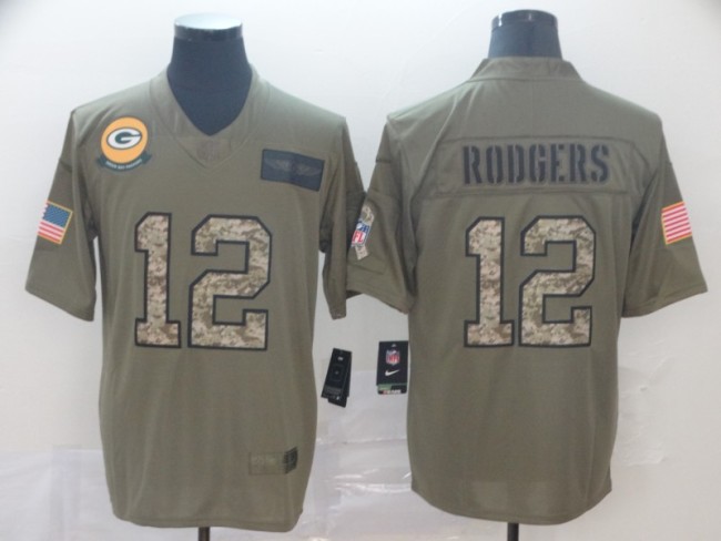 Green Bay Packers 12 RODGERS 2019 Olive Camo Salute to Service Limited Jersey