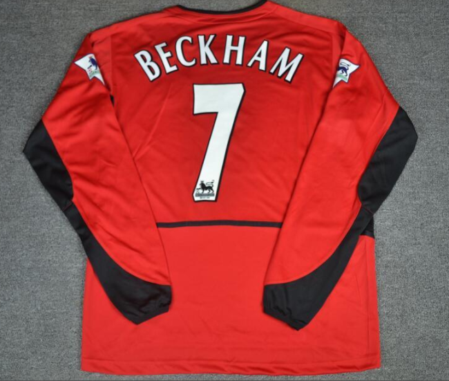 with Retro EPL Patch Retro Jersey Manchester United 2002-2004 BECKHAM 7 Home Long Sleeves Soccer Jersey