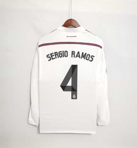 with Gold FIFA+UCL Patch Long Sleeve Retro Jersey 2014-2015 Real Madrid SERGIO RAMOS 4 Home Soccer Jersey