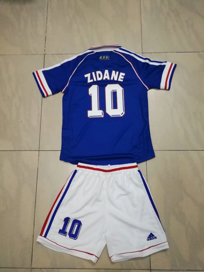 Retro Youth Uniform 1998 France 10 ZIDANE Home Soccer Jersey Shorts