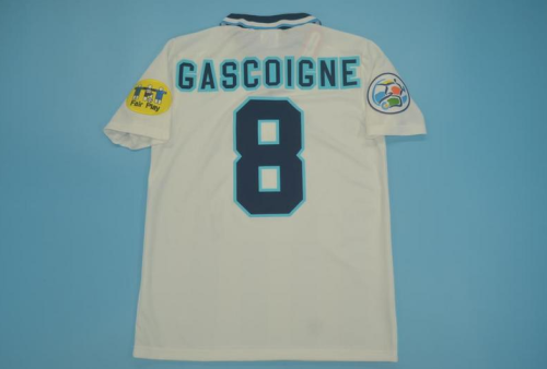 with Patch Retro Jersey 1996 England 8 GASCOIGNE Home White Soccer Jersey