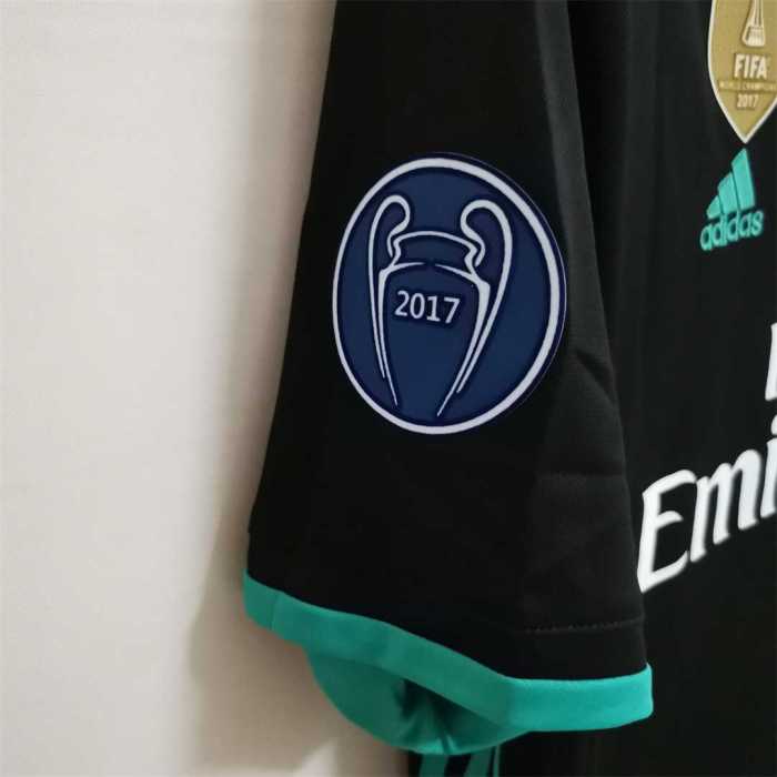 with UCL Patch+Golden FIFA Patch+Front Lettering Retro Jersey 2017-2018 Real Madrid Away Black Soccer Jersey