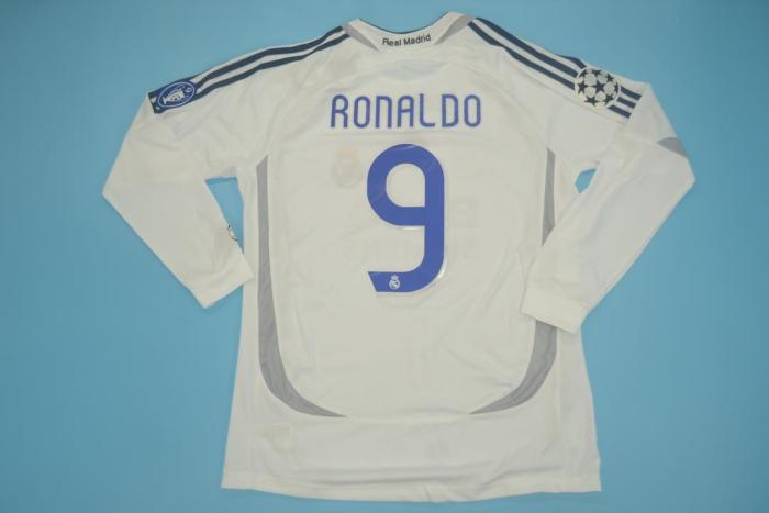 with UCL Patch Long Sleeve Retro Jersey 2006-2007 Real Madrid 9 RONALDO Home Soccer Jersey