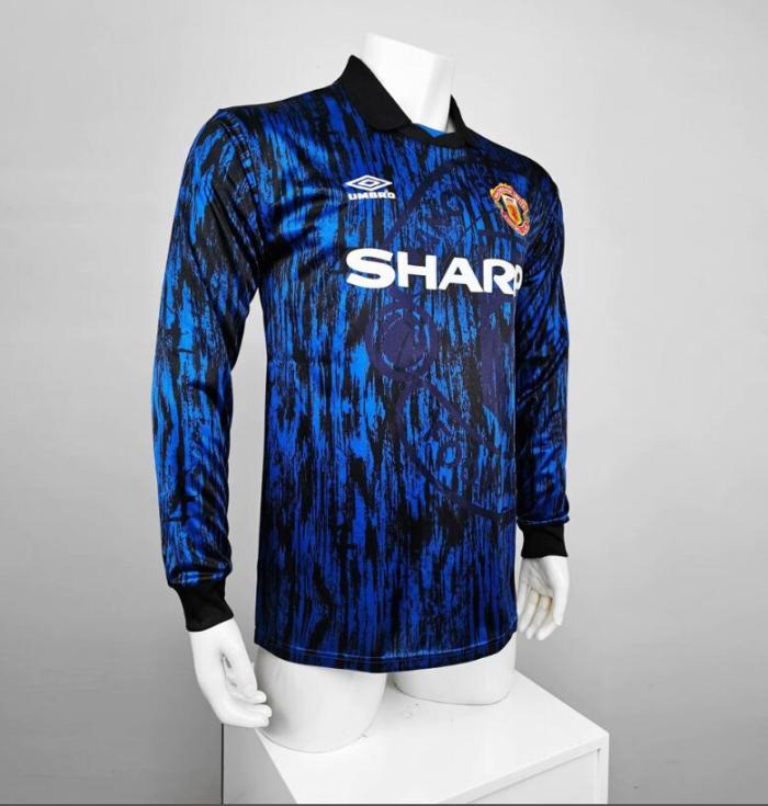 Retro Jersey Long Sleeve 1992-1993 Manchester United Away Blue Soccer Jersey