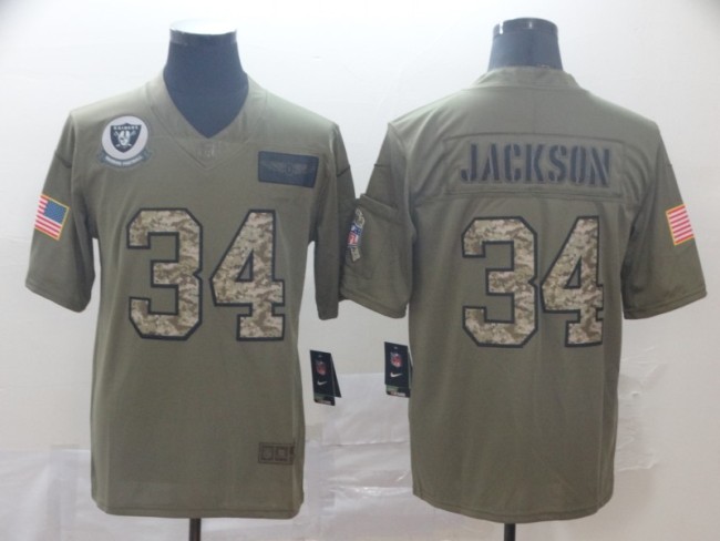 Oakland Raiders 34 Bo Jackson 2019 Olive Camo Salute To Service Limited Jersey