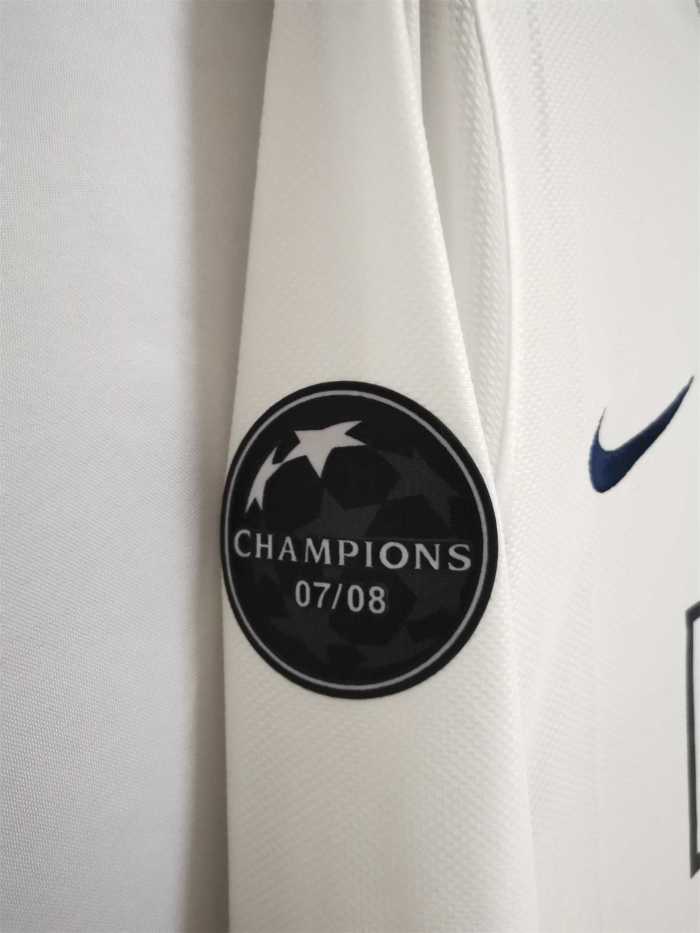with Front Lettering+UCL Patch Retro Jersey Long Sleeve 2008-2009 Manchester United Away White Soccer Jersey