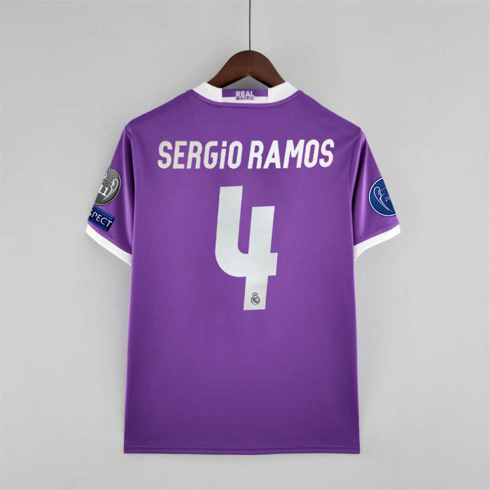 with Golden FIFA Patch+Front Lettering+UCL Patch Retro Jersey 2016-2017 Real Madrid SERGIO RAMOS 4 Away Purple Soccer Jersey