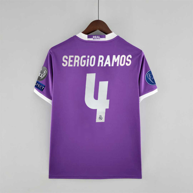 with Golden FIFA Patch+Front Lettering+UCL Patch Retro Jersey 2016-2017 Real Madrid SERGIO RAMOS 4 Away Purple Soccer Jersey