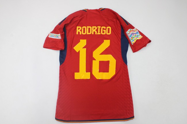 with Front Lettering+Patch SPAIN UEFA NATIONAL LEAGUE 2023 FINAL RODRIGO 16 Home Soccer Jersey