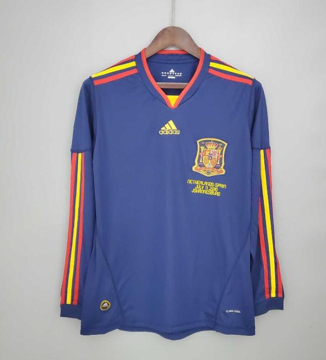 with Front Lettering Long Sleeve Retro Jersey 2010 Spain Away Blue Soccer Jersey