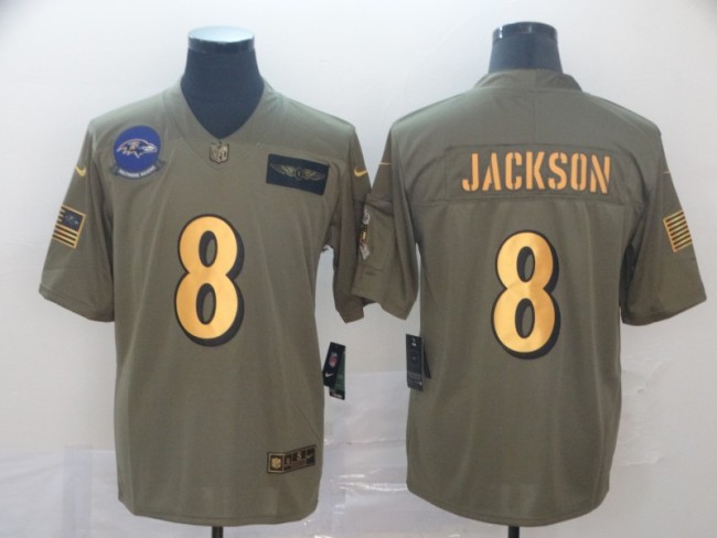 Baltimore Ravens 8 Lamar Jackson 2019 Olive Gold Salute To Service Limited Jersey